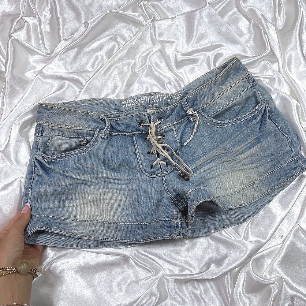 y2k Denim Shorts Light Blue Excellent Mossimo Lace Up Front Low Rise 11 Fit 6